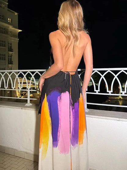 Saviig Printed Halter Dress: Sleeveless Backless Summer Fashion for Women