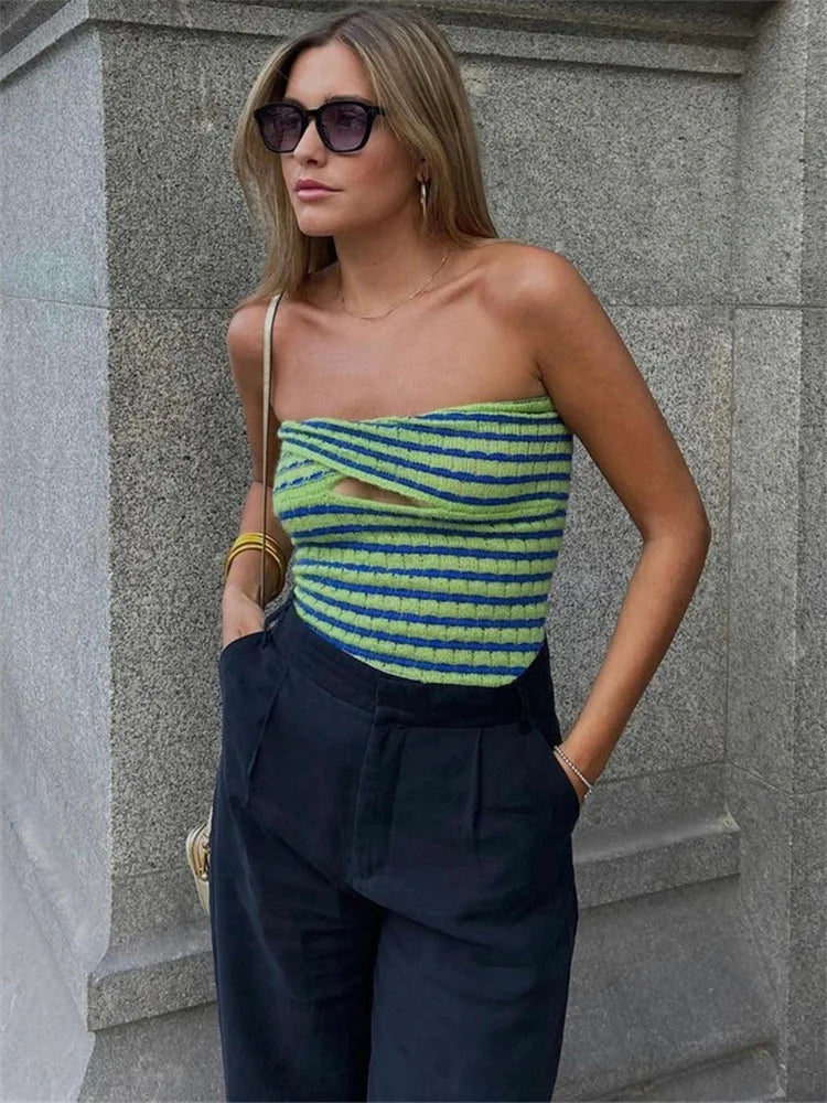 Saviig Striped Knit Tube Top - Sexy Off Shoulder Backless Bustier Streetwear