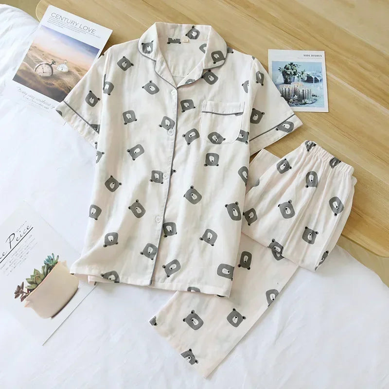 Saviig Cotton Gauze Women's Pajama Set: Short-Sleeve Top & Pants, Cute & Lightweight