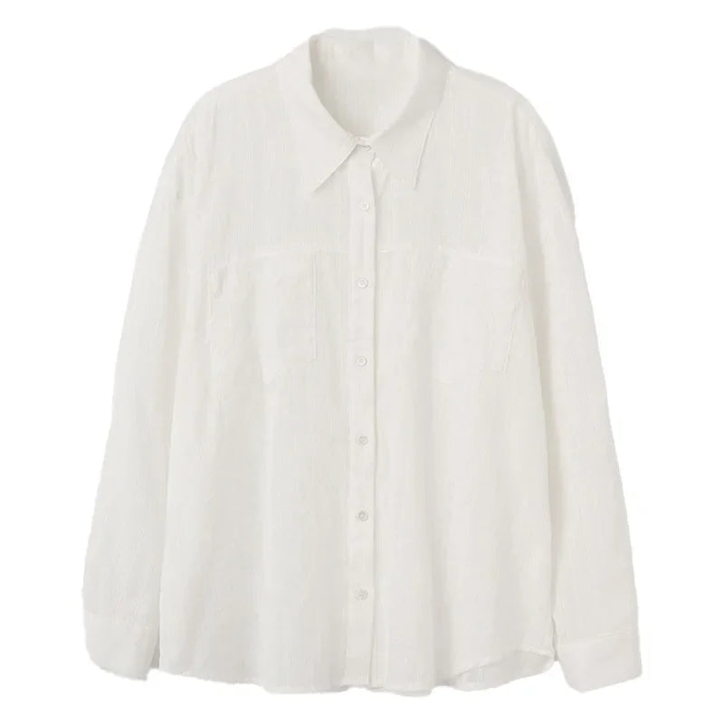 Saviig White Cotton Shirt: Women's Long Sleeve Button-Up Blouse