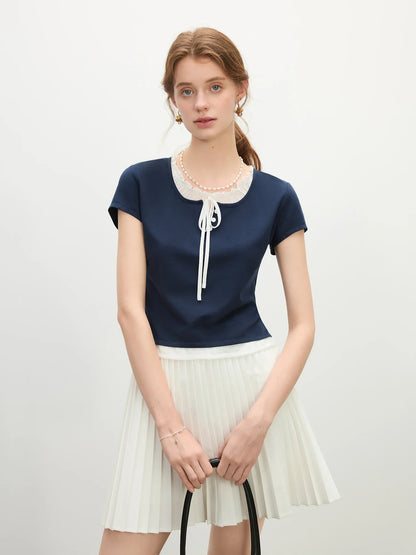 Saviig Navy Blue Fake Two-piece T-shirt Women Summer 2025 Simple Tops