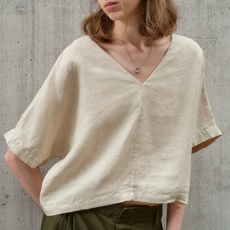 Saviig Linen Backless V-Neck Top Women 2025 Casual Solid Color Loose Summer T-Shirt