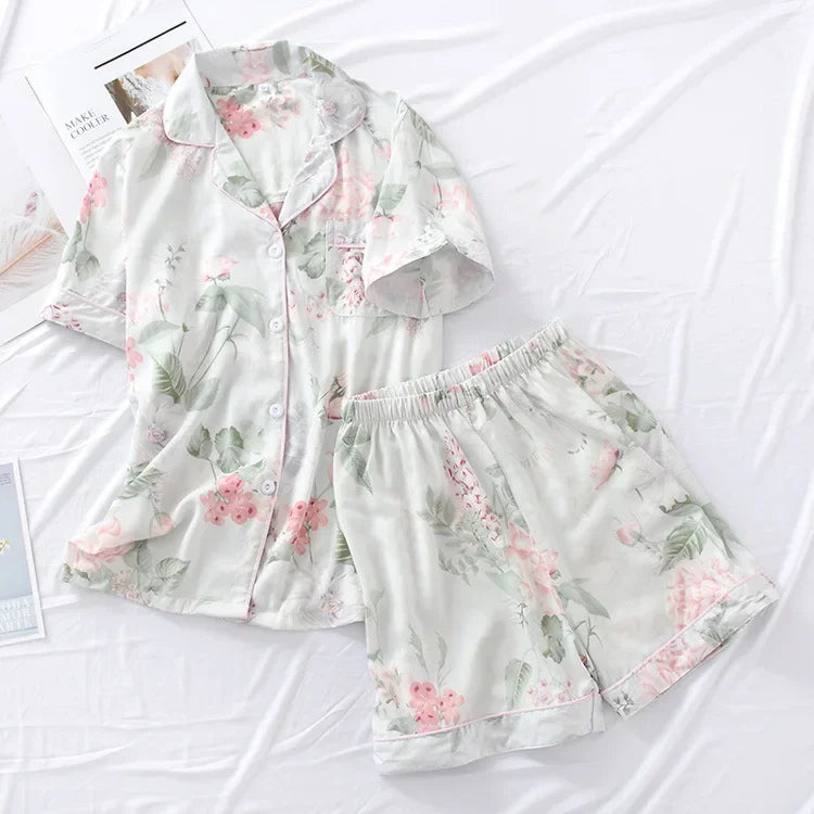 Saviig Summer Pajama Set: Viscose Short-Sleeve Top & Cotton Shorts