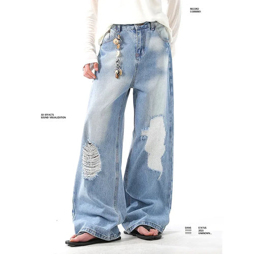 Saviig Vintage Straight High Waist Blue Jeans Wide Leg Pants Denim Trouser