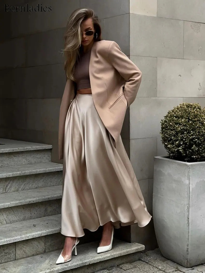 Saviig Elegant Satin Maxi Skirt - High Waist Black Streetwear Fashion