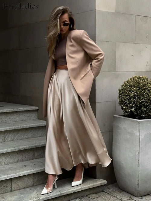 Saviig Elegant Satin Maxi Skirt - High Waist Black Streetwear Fashion