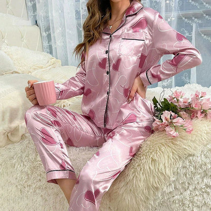Saviig Heart Print Satin Pajama Set: Long Sleeve Top & Pants Lounge Wear