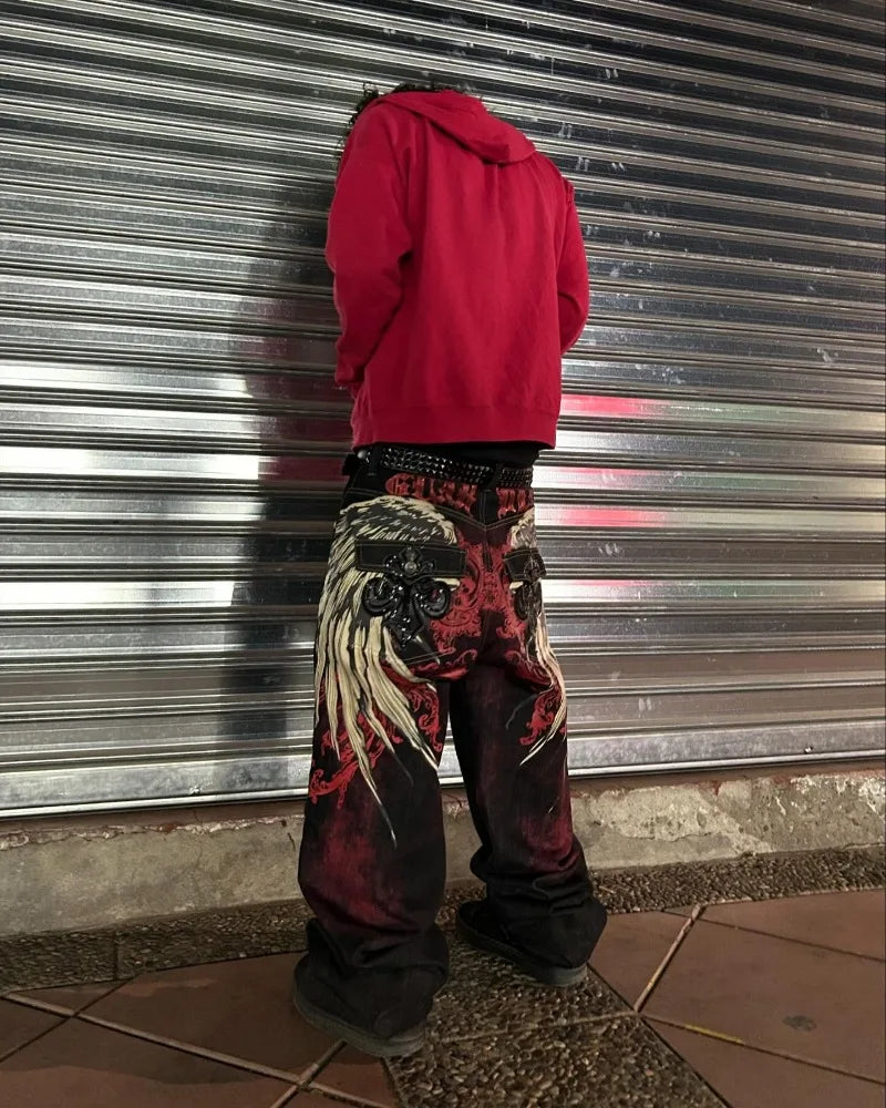 Saviig Harajuku Fashion Letter Embroidery Oversized Baggy Jeans Men Retro Gothic Trousers