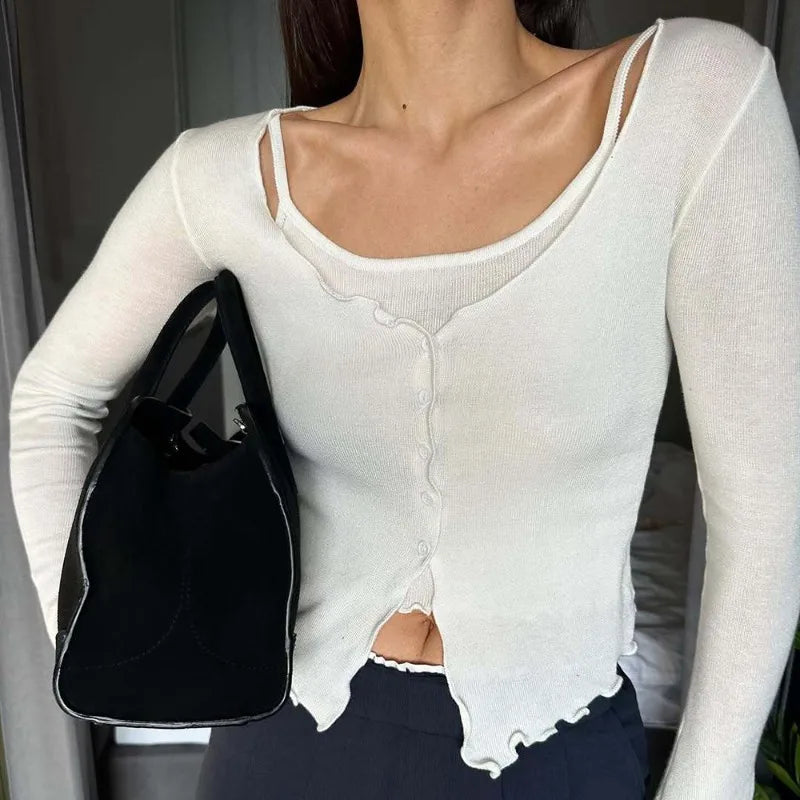 Saviig Spring Knit Sweater Solid Long Sleeve Slim Top Elegant Pullover