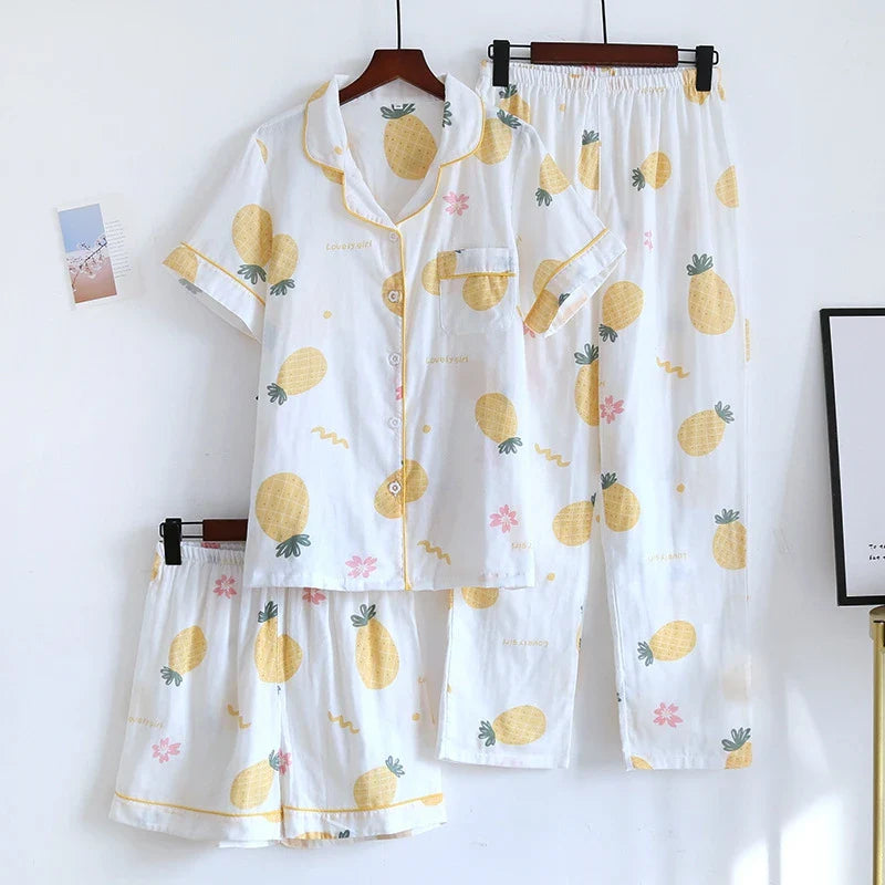 Saviig Women's Flowers Print Pajama Set in Pink & White, 3pcs - Summer Sleepwear