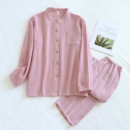 Saviig 100% Cotton Japanese Style Couple Sleepwear Set in Long-Sleeved