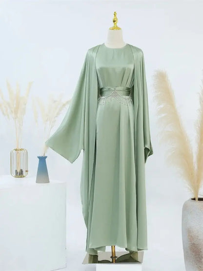 Saviig Ramadan Satin Abaya Dubai Set - Muslim Prayer Clothes Caftan Robe Femmes