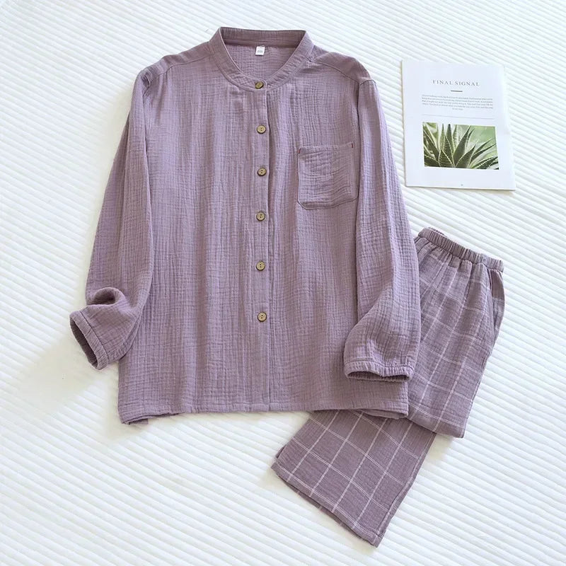 Saviig 100% Cotton Japanese Style Couple Sleepwear Set in Long-Sleeved