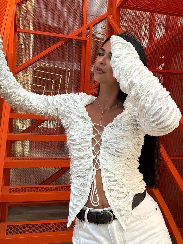 Saviig Ruffled Lace-Up Patchwork Tee Coat White Women's Cropped Top