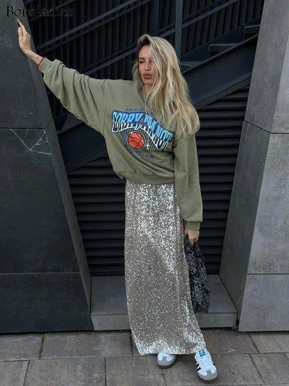 Saviig Silk Sequins Drop Waist Long Skirt - Elegant Streetwear Fashion