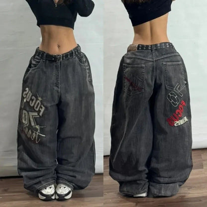 Saviig Embroidered Baggy Hip Hop Jeans High Waist Vintage Harajuku Style