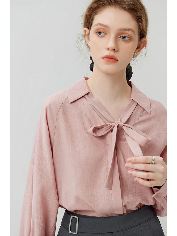 Saviig Lace-Up V-Neck Shirt: French Style Detachable Ribbon, Autumn 2023 Chic Top