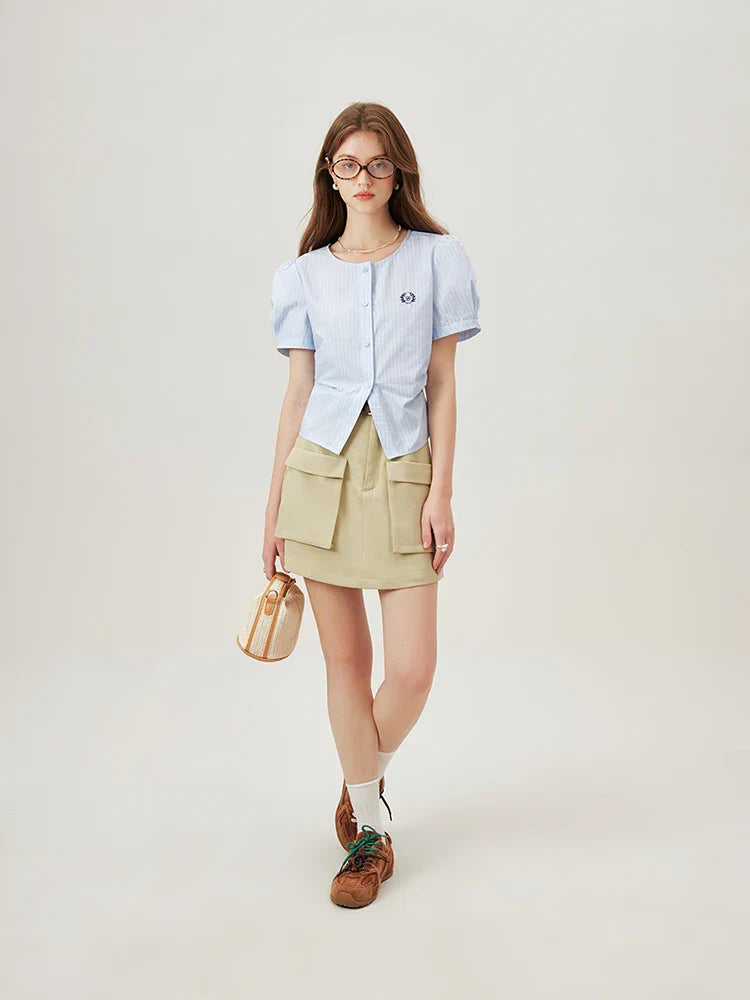 Saviig Light Blue Striped Casual Shirt Women Summer Slim Fit Short Sleeve