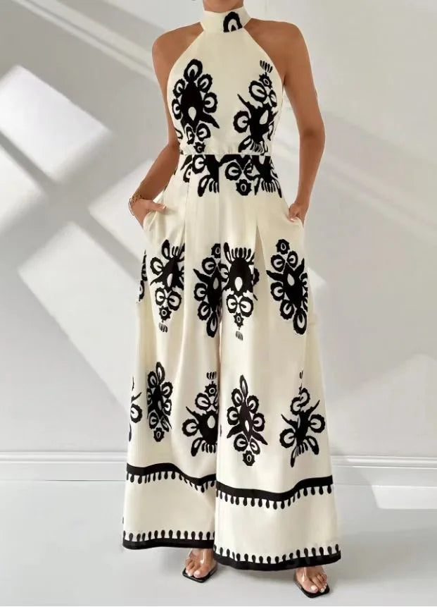Saviig Art Print Halterneck Jumpsuit High Streetwear Slim Long Pants Elegant Style