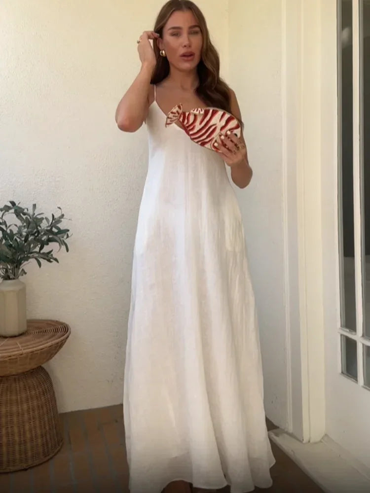 Saviig White V-Neck Sling Dress - Backless, Sleeveless, Loose Fit, Long Summer Dress