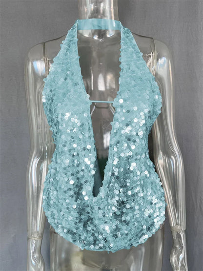 Saviig Summer Sequin V-Neck Tank Top: Sexy Backless Glitter Y2k Cropped Top