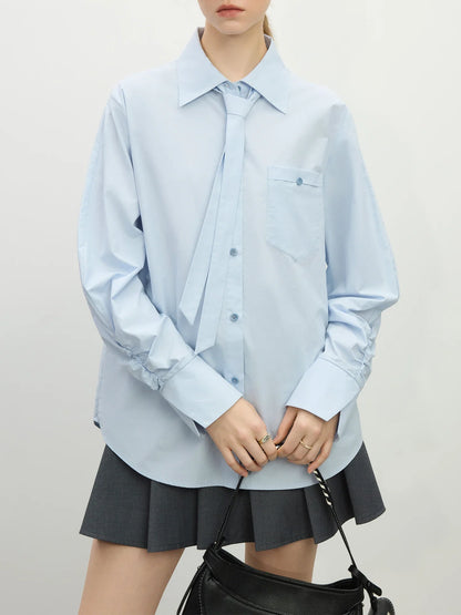 Saviig Cotton Long Sleeved Shirt with Detachable Tie - Spring 2025 Casual Women's Shirt