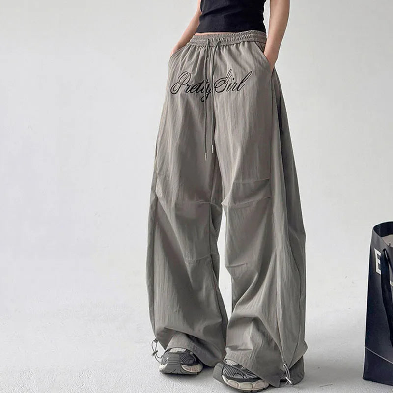 Saviig Gray Harajuku Streetwear Letter Embroidery Cargo Pants