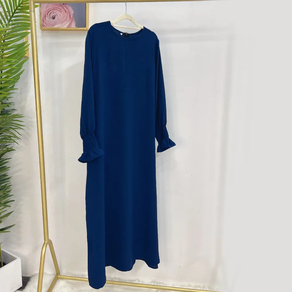 Saviig Abaya Inner Long Dress with Smocked Cuffs - Modest Muslim Woman Casual Robe