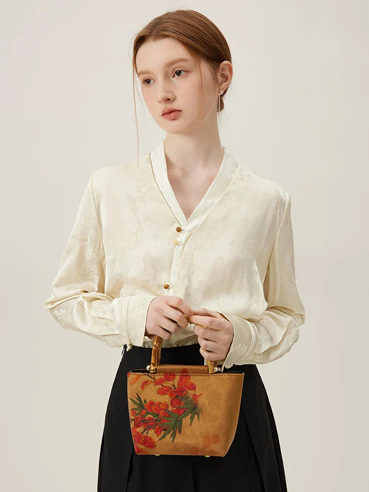 Saviig 2024 Spring V-neck Acetic Acid Shirt - Light National Style Top