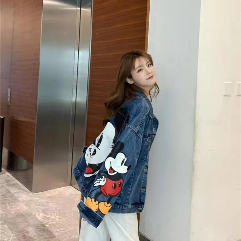 Saviig Mickey Printed Denim Jacket: Women's Preppy Style Casual Top