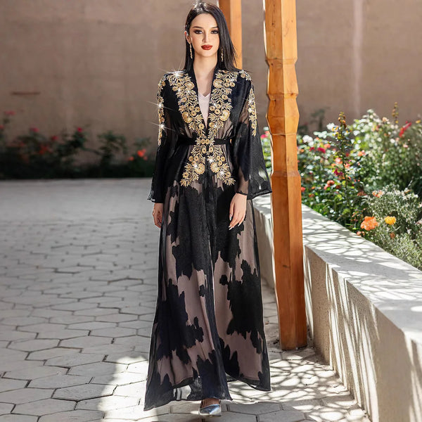 Saviig Dubai Mesh Embroidery Kimono Cardigan & Inner Dress Set