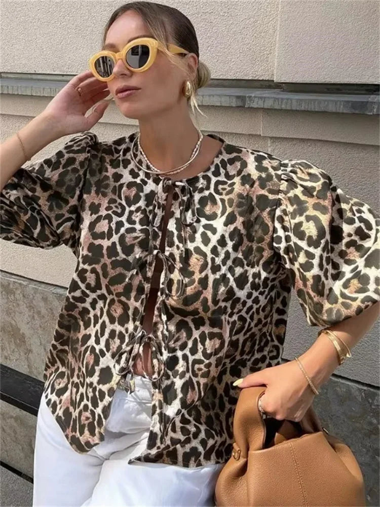 Saviig Leopard Print Contrast Lace-Up Slim Bandage Shirt