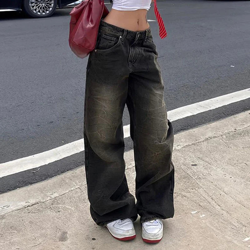 Saviig High Waist Loose Black Wide Leg Denim Jeans for Women, Y2K Streetwear Fashion