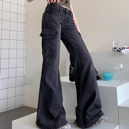 Saviig Flare Cargo Jeans Women High Street Denim Y2K Slimming Trousers