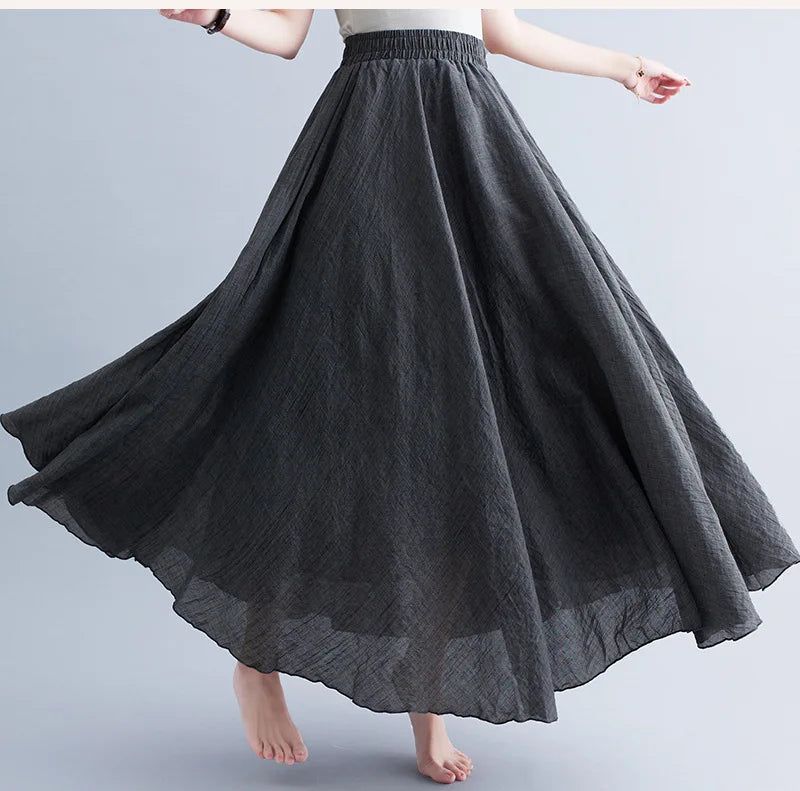 Saviig Ethnic Style Cotton Linen A-line Long Skirt