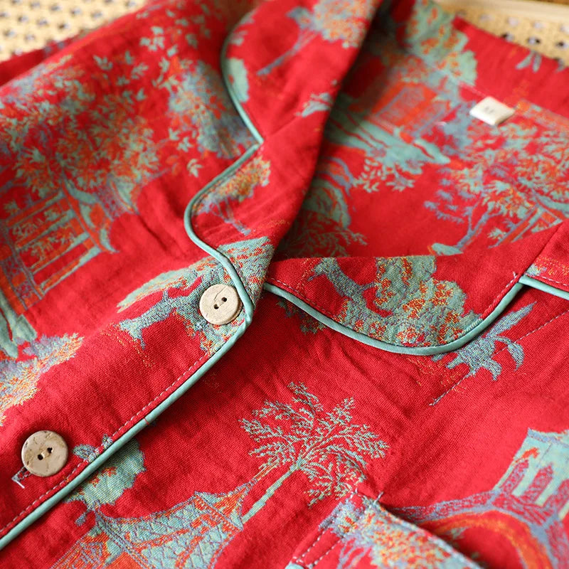 Saviig Retro Color Woven Pajama Set - 100% Cotton, Long Sleeve & Pants