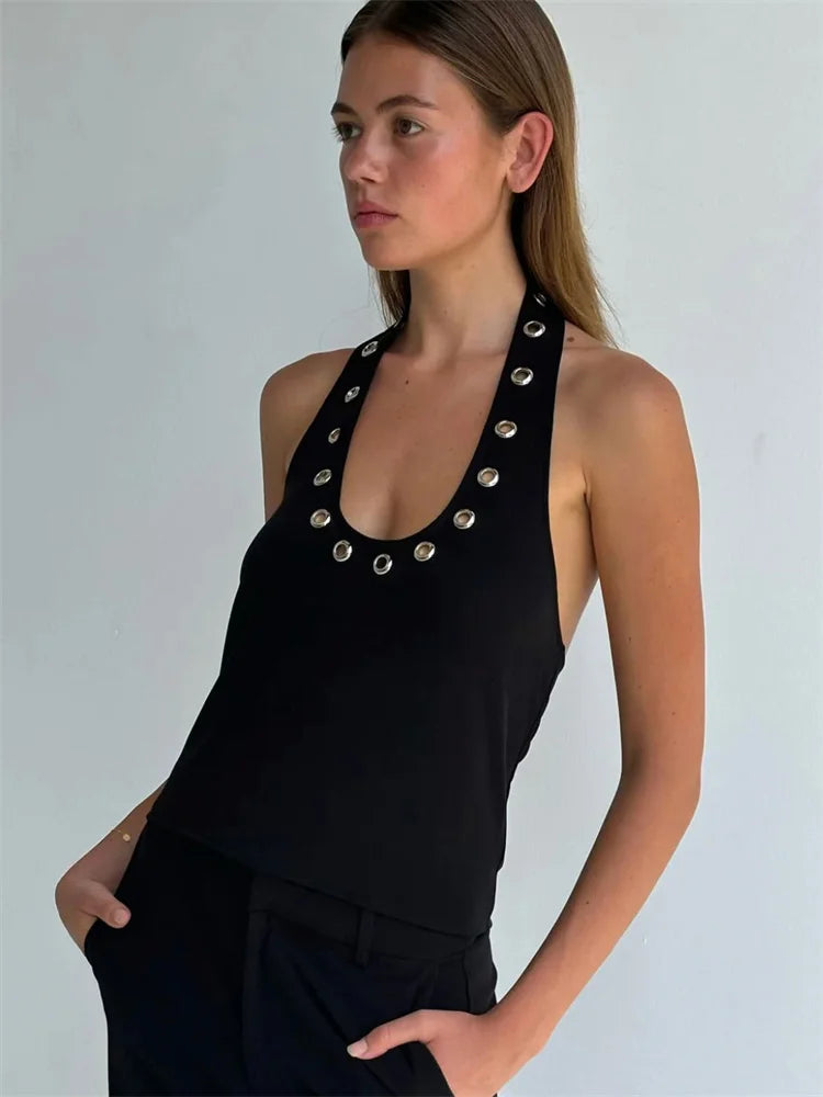 Saviig Summer Hollow Out Metallic Tank Top - Backless Cropped Y2K Vest