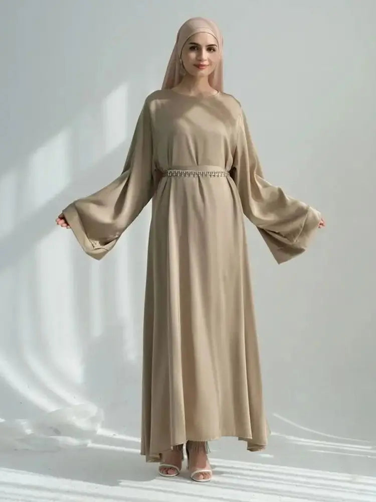 Saviig Ramadan Eid Satin Abaya Set for Women - Luxury Dubai Chain Hijab Dress