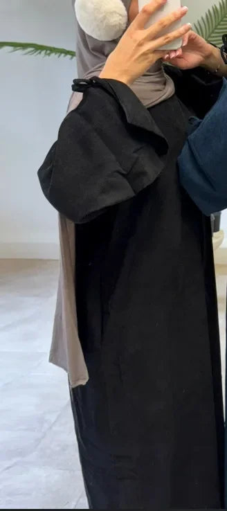 Saviig Corduroy Bowknot Abaya: Modest O Neck Dress with Pockets