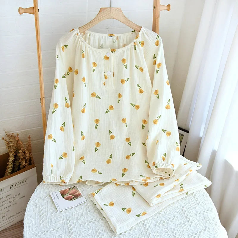 Saviig Cotton Crepe Floral Pajama Set - Pullover Top, Long Pants - Women's Spring & Autumn Fashion