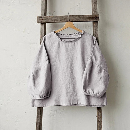 Saviig Ruffled Linen Women's T-Shirt: Casual Loose Fit, O-Neck, Long Sleeve Top