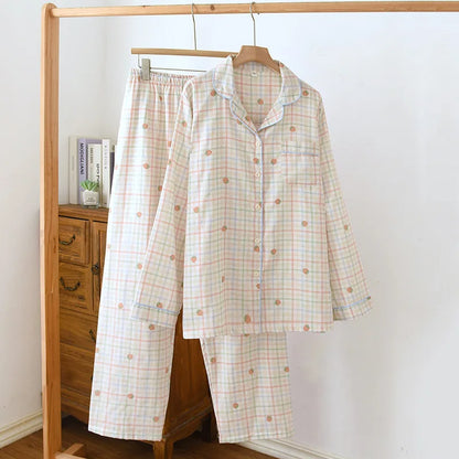 Saviig Women's Cotton Double Layer Gauze Pajama Set Cardigan Sleepwear