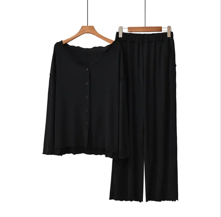 Saviig Cotton Pajama Set, Solid Color Cardigan & Long-Sleeve Pants for Women