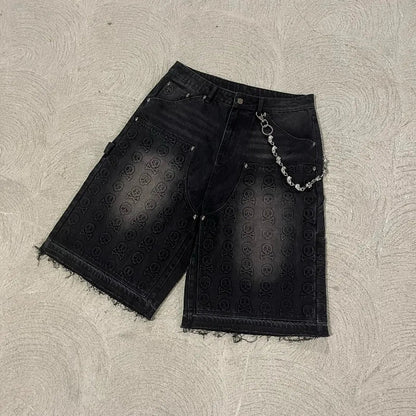 Saviig Vintage Skull Print Baggy Denim Shorts Women Gothic Hip Hop Oversized Shorts
