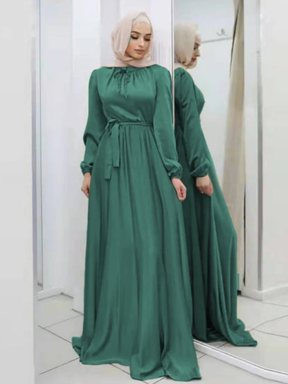 Saviig Lace-Up Satin Maxi Dress with Long Sleeves for Women Muslim Abaya