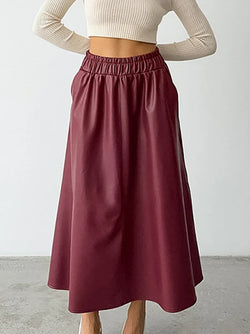 Saviig Retro Red Leather Half Skirt for Women | Autumn Winter PU Chic Long Skirt
