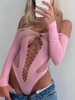 Saviig Pink Lace Off-Shoulder Bodysuit - Hot Nightclub Lingerie Top