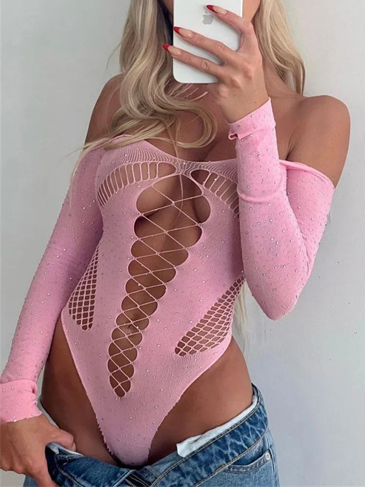 Saviig Pink Lace Off-Shoulder Bodysuit - Hot Nightclub Lingerie Top