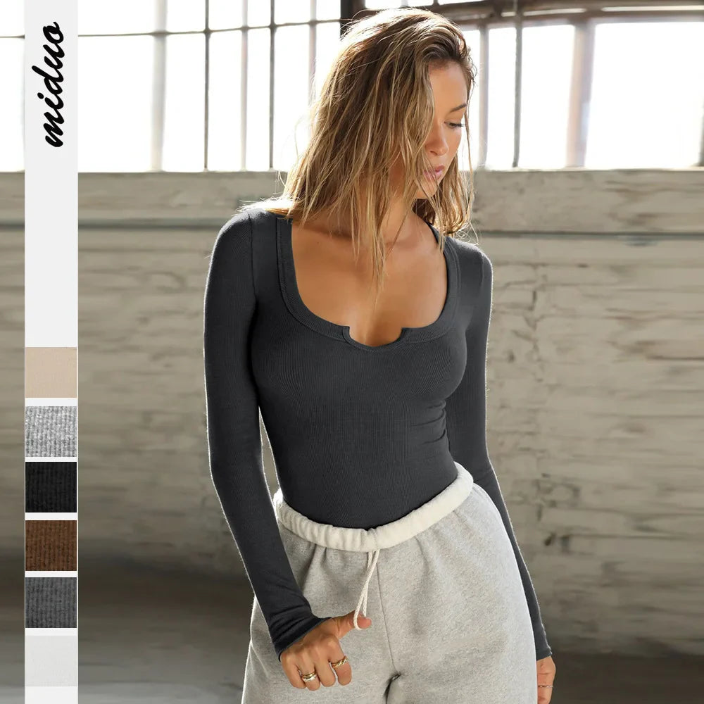 Saviig Ribbed V-Neck Long Sleeve Tee - Solid Color Slim Fit Top