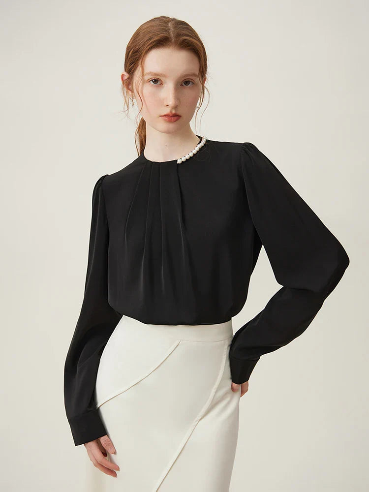 Saviig French Pearl Shirt: Round Neck Puff Sleeve Office Lady Spring Blouse